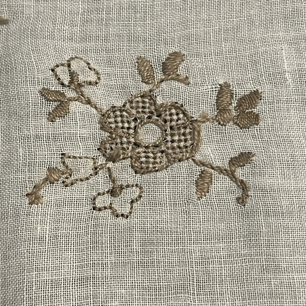 Vintage Linen Embroidered Crochet Tablecloth 6 Napkins Set Floral Scalloped Edge